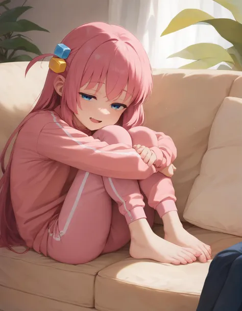 score_9, score_8_up, score_7_up,score_6_up, rating_safe, a girl on a couch, open mouth, light smile, half-closed eyes, hugging own legs, bocchi the rock!, pink hair,  <lora:alkemanubis_style_pony6_v2-000028:1>, pink pants