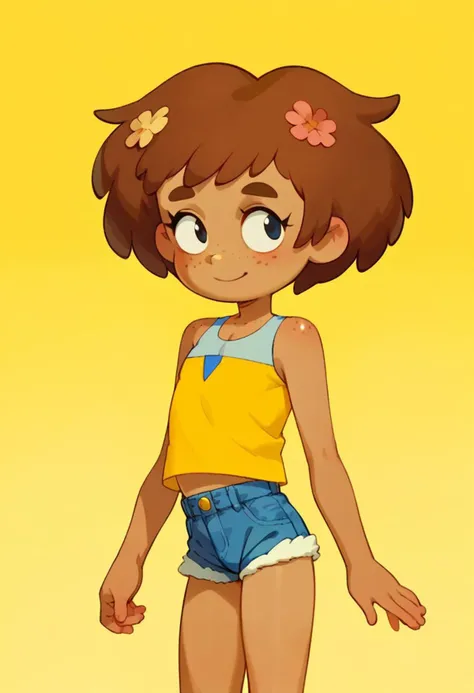score_9, score_8_up, score_7_up, score_6_up, score_5_up, score_4_up, masterpiece, official art, source_anime, anime screencap, absurd quality, heavy outline, cartoon, Perfect Hands, perfecteyes, perfectly detailed face and body and eyes, (((solo))),
(((1 boy))), skinny body, freckles, big eyes, (((flat chest))),(((very flat ass))), skinny body, young, Dark skin, thick eyebrows, (((cute boy))), sleeveless shirt, mini shorts, (((fashion))), boy, straight boy, brave boy, anneboonchuy, brown hair, dark-skinned ,short hair