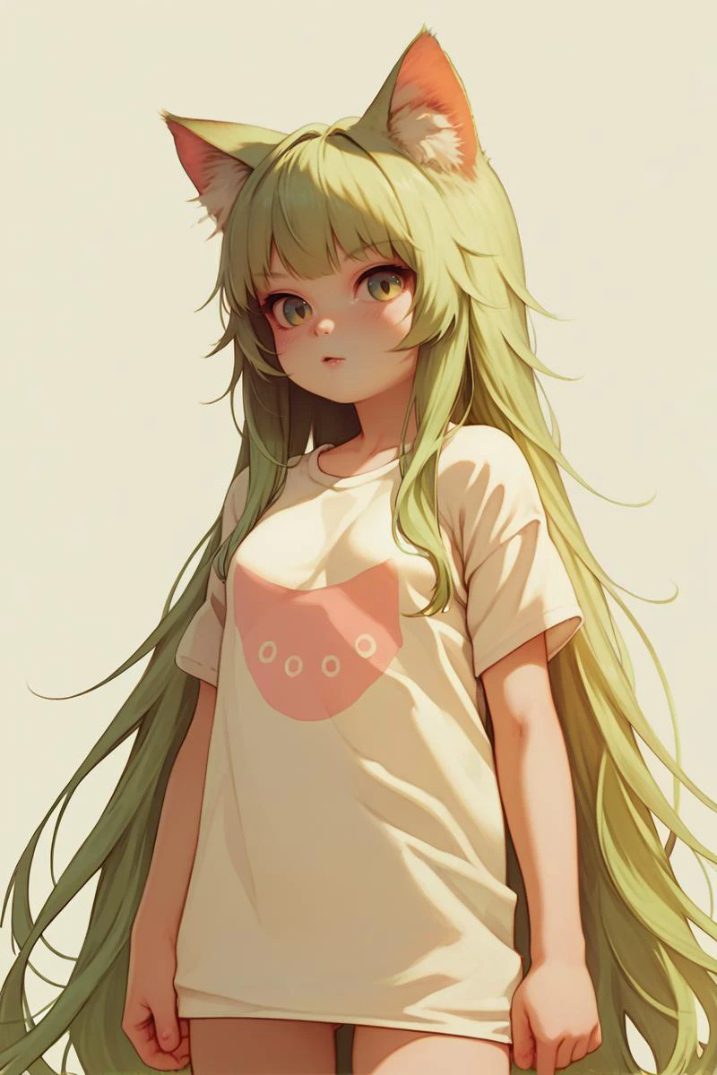 score_9, score_8_up, score_8, score_9, 1 girl, source_anime, 1 girl, green hair, green eyes, small breasts, very long hair, cowboy shot, t-shirt, oversized shirt, detailed_background, <lora:alkemanubis_style_pony6_v3-000036:0.8>, nekomata, cat girl, cat ears, animal ears, animal ear fluff <lora:cat_girl_pony_v21:0.5>