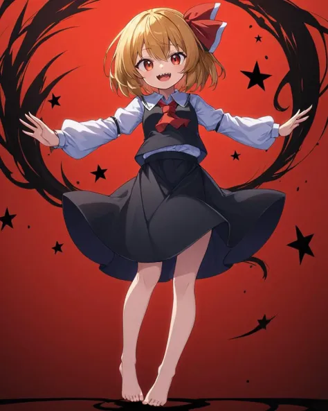 rumia,1girl, black_skirt, long_sleeves, white_shirt, red_background, black_vest, open_mouth, red_ascot, hair_ribbon, red_ribbon, smile, darkness, looking_at_viewer, solo, collared_shirt, tongue, skirt_set, bare_legs, puffy_sleeves, fangs, wing_collar, full_body, teeth, barefoot
<lora:rumia_image9795_2023-12-11-000007:1>,star-shaped_pupils,symbol-shaped_pupils,. gorgeous,key visual, vibrant, studio anime,award-winning, professional, highly detailed,high budget, cinemascope