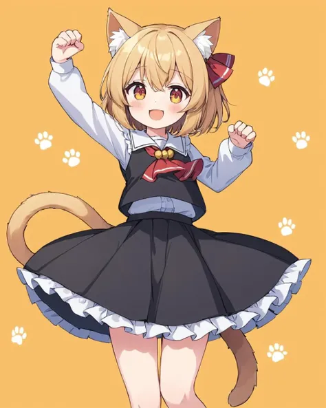 rumia,1girl, solo, red_ribbon, white_shirt, cat_tail, paw_print_background, long_sleeves, hands_up, looking_at_viewer, kemonomimi_mode, taiyaki, hair_ribbon, red_ascot, blush, petticoat, smile, jingle_bell, frills, standing_on_one_leg, paw_pose, black_dress, leg_up, animal_ear_fluff, white_background, food_in_mouth, tail_ribbon, notice_lines, mouth_hold, red_bow, arms_up, holding, collared_shirt, closed_mouth, black_vest, wing_collar, black_skirt, yellow_background, simple_background
<lora:rumia_image9795_2023-12-11-000007:1>,star-shaped_pupils,symbol-shaped_pupils,. gorgeous,key visual, vibrant, studio anime,award-winning, professional, highly detailed,high budget, cinemascope