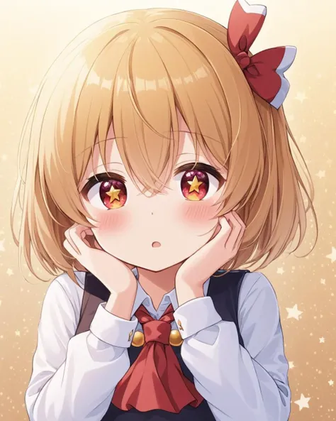 rumia,1girl, solo, open_mouth, long_sleeves, upper_body, white_shirt, red_ascot, hands_on_own_cheeks, black_vest, hair_ribbon, blush, twitter_username, red_ribbon, hair_bow, collared_shirt, alternate_hairstyle
<lora:rumia_image9795_2023-12-11-000007:1>,star-shaped_pupils,symbol-shaped_pupils,. gorgeous,key visual, vibrant, studio anime,award-winning, professional, highly detailed,high budget, cinemascope