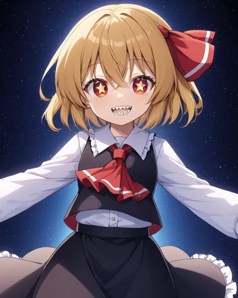 rumia,1girl, solo, black_skirt, hair_ribbon, long_sleeves, black_vest, red_ascot, white_shirt, red_ribbon, looking_at_viewer, darkness, sharp_teeth, grin, collared_shirt, skirt_set, cowboy_shot, frilled_skirt, star_\(symbol\)
<lora:rumia_image9795_2023-12-11-000007:1>,star-shaped_pupils,symbol-shaped_pupils,. gorgeous,key visual, vibrant, studio anime,award-winning, professional, highly detailed,high budget, cinemascope