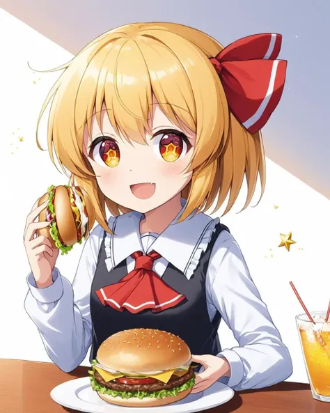 rumia,1girl, burger, solo, eating, open_mouth, long_sleeves, black_vest, hair_ribbon, holding_food, red_ascot, white_shirt, sparkle, ^_^, red_ribbon, upper_body, plate, table, black_skirt, frilled_shirt_collar, happy, white_background, :d
<lora:rumia_image9795_2023-12-11-000007:1>,star-shaped_pupils,symbol-shaped_pupils,. gorgeous,key visual, vibrant, studio anime,award-winning, professional, highly detailed,high budget, cinemascope