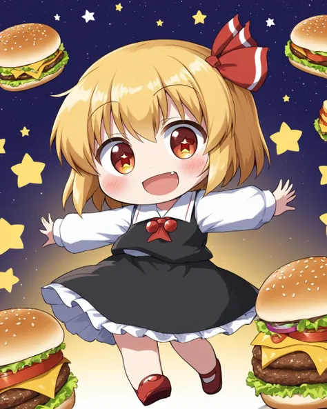 rumia,1girl, solo, burger, fang, full_moon, red_footwear, open_mouth, smile, black_dress, hair_ribbon, long_sleeves, red_ribbon, chibi, oversized_food, outstretched_arms, blush_stickers, white_shirt, full_body
<lora:rumia_image9795_2023-12-11-000007:1>,star-shaped_pupils,symbol-shaped_pupils,. gorgeous,key visual, vibrant, studio anime,award-winning, professional, highly detailed,high budget, cinemascope