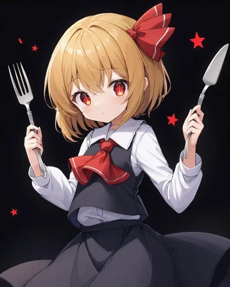 rumia,1girl, solo, red_ascot, long_sleeves, black_skirt, black_vest, red_ribbon, looking_at_viewer, holding_fork, hair_ribbon, white_shirt, black_background, skirt_set, simple_background, cowboy_shot, darkness, holding_knife, fang, closed_mouth, red_bow, blood
<lora:rumia_image9795_2023-12-11-000007:1>,star-shaped_pupils,symbol-shaped_pupils,. gorgeous,key visual, vibrant, studio anime,award-winning, professional, highly detailed,high budget, cinemascope