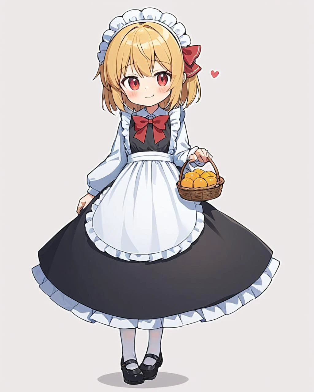 rumia,1girl, holding_basket, solo, white_background, heart, full_body, simple_background, black_footwear, maid, long_sleeves, maid_headdress, smile, alternate_costume, black_dress, closed_mouth, mary_janes, white_pantyhose, white_apron, red_bow, standing, looking_at_viewer, ribbon, blush, maid_apron
<lora:rumia_image9795_2023-12-11-000007:1>,star-shaped_pupils,symbol-shaped_pupils,. gorgeous,key visual, vibrant, studio anime,award-winning, professional, highly detailed,high budget, cinemascope