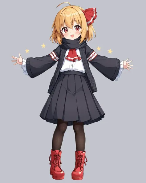 rumia,1girl, solo, boots, red_footwear, full_body, black_pantyhose, black_skirt, breath, hair_ribbon, simple_background, blush, sleeves_past_wrists, grey_background, standing, cross-laced_footwear, red_ribbon, long_sleeves, open_mouth, black_scarf, pleated_skirt, :o, cardigan
<lora:rumia_image9795_2023-12-11-000007:1>,star-shaped_pupils,symbol-shaped_pupils,. gorgeous,key visual, vibrant, studio anime,award-winning, professional, highly detailed,high budget, cinemascope