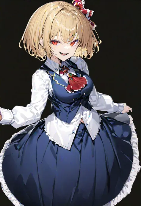 masterpiece, best quality, ultra-detailed, beautiful, nai3, 1girl, solo, full_body, tachi-e, 
rumia, solo, 1girl, smile, short_hair, shirt, blonde_hair, red_eyes, bow, long_sleeves, skirt, ribbon, white_shirt, vest, ascot, hair_ribbon, fangs, long_skirt, cross,