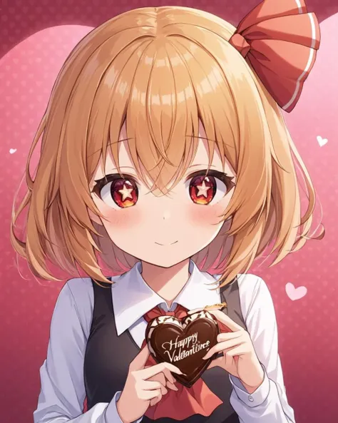 rumia,1girl, solo, red_ribbon, hair_ribbon, red_ascot, valentine, upper_body, looking_at_viewer, blush, white_shirt, heart-shaped_chocolate, holding_food, long_sleeves, black_vest, happy_valentine, collared_shirt, box, closed_mouth, cropped_torso
<lora:rumia_image9795_2023-12-11-000007:1>,star-shaped_pupils,symbol-shaped_pupils,. gorgeous,key visual, vibrant, studio anime,award-winning, professional, highly detailed,high budget, cinemascope