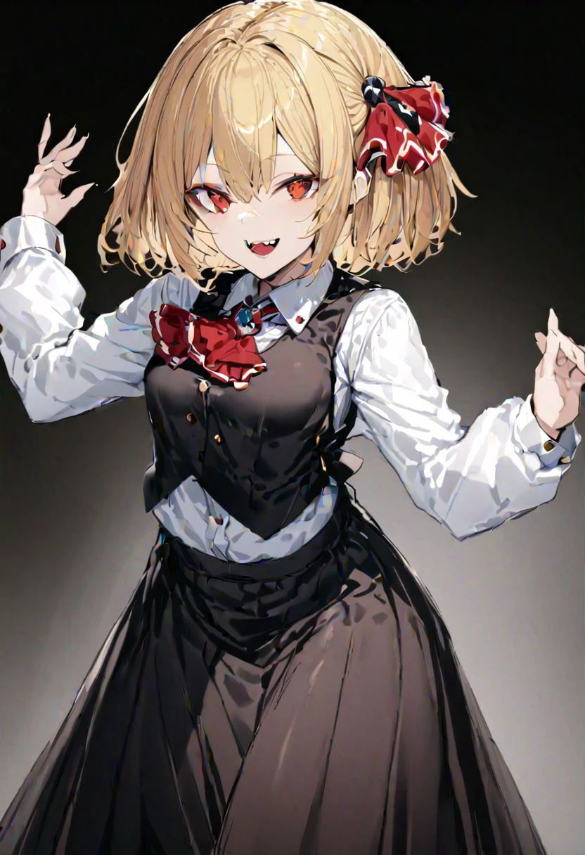 masterpiece, best quality, ultra-detailed, beautiful, nai3, 1girl, solo, full_body, tachi-e,
rumia, solo, 1girl, smile, short_hair, shirt, blonde_hair, red_eyes, bow, long_sleeves, skirt, ribbon, white_shirt, vest, ascot, hair_ribbon, fangs, long_skirt, cross,