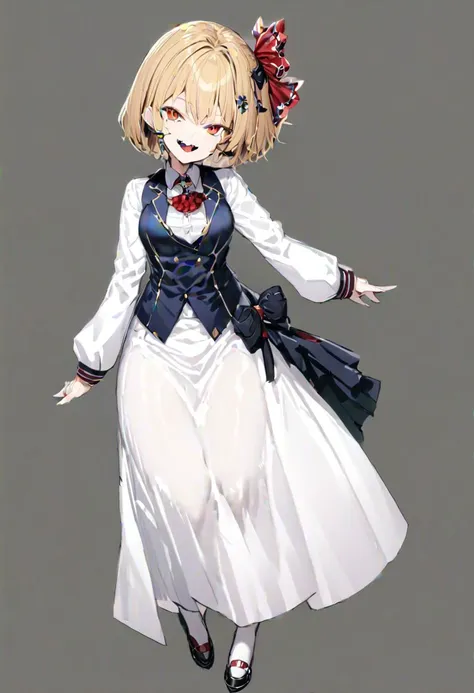 masterpiece, best quality, ultra-detailed, beautiful, nai3, 1girl, solo, full_body, tachi-e, 
rumia, solo, 1girl, smile, short_hair, shirt, blonde_hair, red_eyes, bow, long_sleeves, skirt, ribbon, white_shirt, vest, ascot, hair_ribbon, fangs, long_skirt, cross,