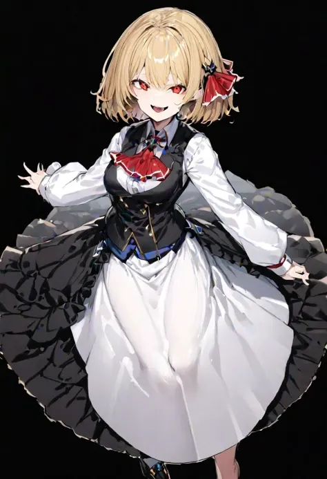 masterpiece, best quality, ultra-detailed, beautiful, nai3, 1girl, solo, full_body, tachi-e, 
rumia, solo, 1girl, smile, short_hair, shirt, blonde_hair, red_eyes, bow, long_sleeves, skirt, ribbon, white_shirt, vest, ascot, hair_ribbon, fangs, long_skirt, cross,