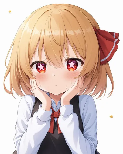 rumia,1girl, solo, white_background, hair_ribbon, simple_background, looking_at_viewer, upper_body, long_sleeves, white_shirt, black_vest, red_ribbon, wiping_face, blush, wet, sweat, closed_mouth
<lora:rumia_image9795_2023-12-11-000007:1>,star-shaped_pupils,symbol-shaped_pupils,. gorgeous,key visual, vibrant, studio anime,award-winning, professional, highly detailed,high budget, cinemascope