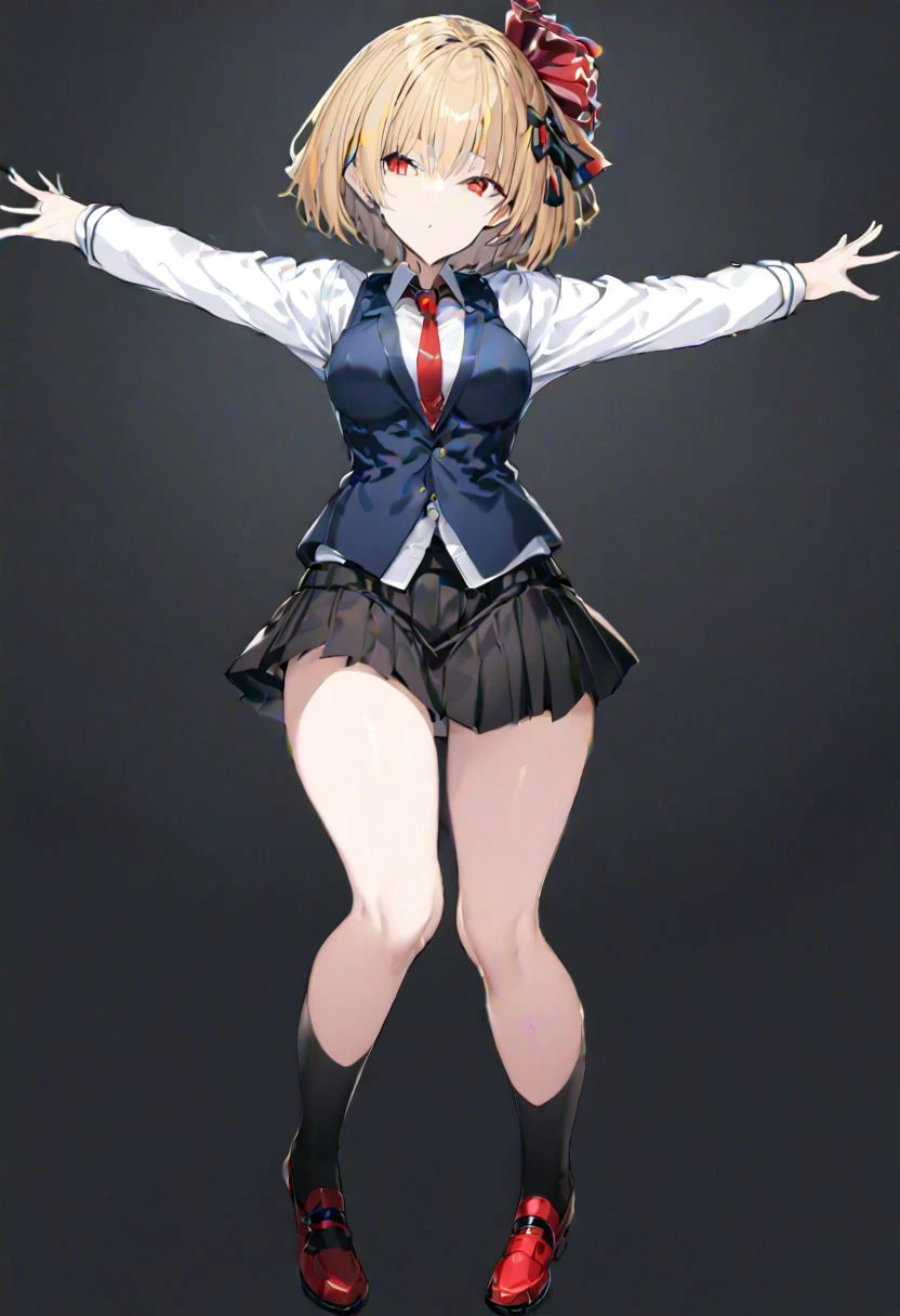 masterpiece, best quality, ultra-detailed, beautiful, nai3, 1girl, solo, full_body, tachi-e,
rumia_\(koumajou_densetsu\), solo, 1girl, short_hair, shirt, blonde_hair, red_eyes, skirt, ribbon, necktie, vest, red_shoes, black_skirt, hair_ribbon, red_necktie, black_kneehighs, outstretched_arms, spread_arms,