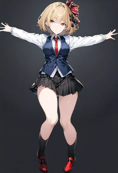 masterpiece, best quality, ultra-detailed, beautiful, nai3, 1girl, solo, full_body, tachi-e, 
rumia_\(koumajou_densetsu\), solo, 1girl, short_hair, shirt, blonde_hair, red_eyes, skirt, ribbon, necktie, vest, red_shoes, black_skirt, hair_ribbon, red_necktie, black_kneehighs, outstretched_arms, spread_arms,