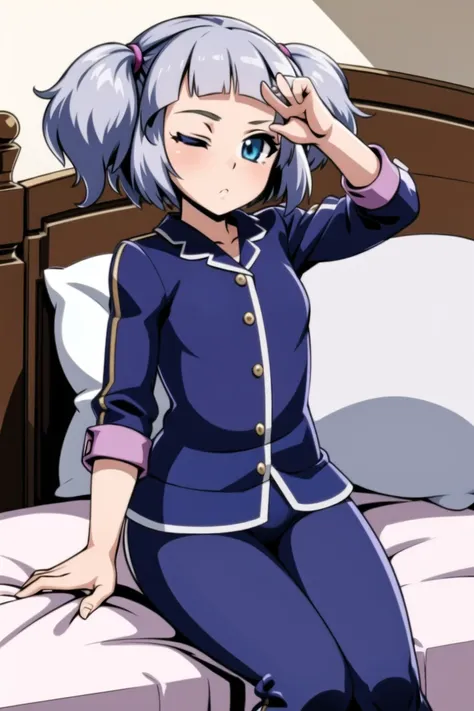 <lora:MetalslugSimon:0.8>, metalslugSimon, 1girl, pajamas, on bed, sleepy, one eye closed, masterpiece, best quality,