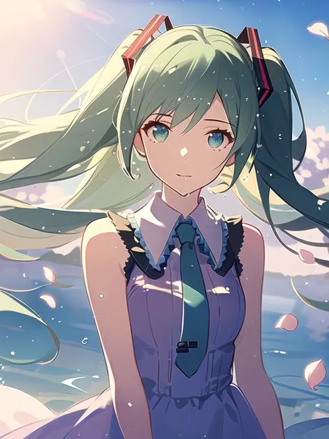 masterpiece,(bestquality),highlydetailed,ultra-detailed,illustration, 1girl  , hatsune miku,  looking at viewer,  dynamic angle , cinematic angle , green hair ,
beautiful and detailed glow ,  cinematic shadow , beautiful lit,
outdoors , (beautiful  flowers ,beautiful and detailed   petals, wind , water drop :1.2 ),  sunlight , beautiful and detailed sky , lens flare,