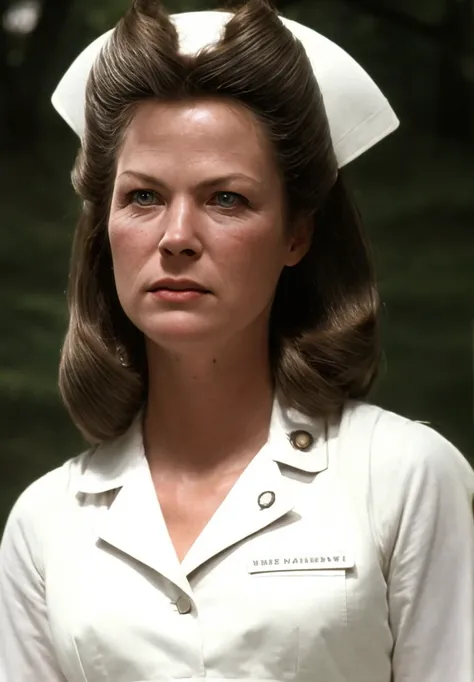 nurse rached 1970s (sharp focus:1.2), photo, attractive young woman, (beautiful face:1.1), detailed eyes, luscious lips, (bold red lip colour:0.85), (medium breasts:1.0), (slim body:1.2), (long hair:1.2), wearing (peplum dress:1.5) in a (botanical garden:1.2). (moody lighting:1.2), depth of field, bokeh, 4K, HDR. by (James C. Christensen:1.2|Jeremy Lipking:1.1).