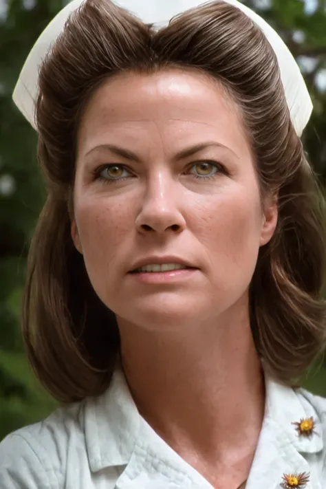 nurse rached (sharp focus:1.2), portrait, attractive young woman, (beautiful face:1.1), detailed eyes, luscious lips, (eye makeup:1.2), body freckles, (large breasts:1.0), (tight body:1.2), (brown hair:1.2), wearing (flowery dress:1.2) at (the beach:1.2). (morning sun lighting:1.2), depth of field, bokeh, 4K, HDR. by (James C. Christensen:1.2|Jeremy Lipking:1.1).