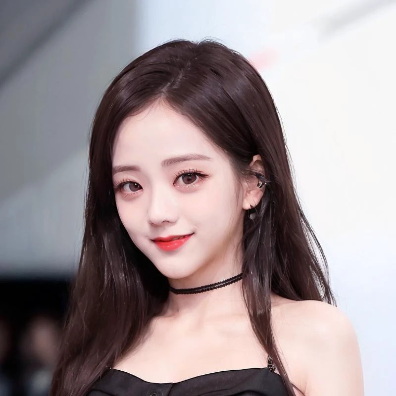 (close-up portrait of Jisoo:1.3), standing on a runway in Paris, red lips, laughing, 1woman, sleeveless black button shirt, black skirt, black choker, (Kpop idol), best quality, ultra high res, (photorealistic:1.4), <lora:Jisoo Blackpink:1>