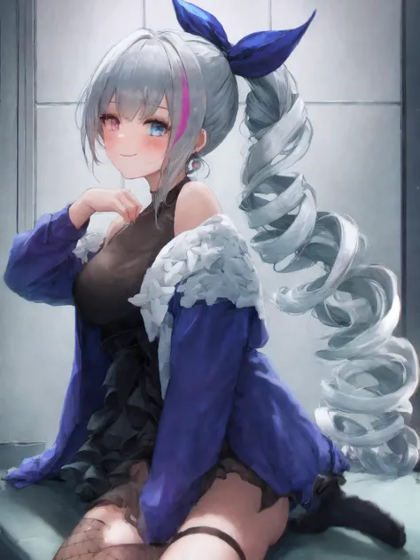 SLE, mksks style, detailed background absurdres, highres, realistic background, chromatic aberration, (full body), <lyco:GoodHands-beta2:1.0>,
BREAK solo, 1girl, <lora:Kuro:1>, kuro, (heterochromia, blue eyes, pink eyes), (streaked hair, two-tone hair, pink hair),
BREAK cocktail observer, official alternate costume, long hair, ponytail, drill hair, hair bow, blue bow, jewelry, cross earrings, black dress, off shoulder, bare shoulders, (blue jacket), half gloves, black gloves, (single thighhigh), fishnet thighhighs, high heels, black footwear, toeless footwear, toes,
BREAK, (standing), smile, blush, looking at viewer, facing viewer,
BREAK mansion, chandelier, castle, indoors,