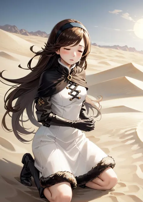 masterpiece, best quality, agnes oblige, hairband, white dress, fur trim, capelet, elbow gloves, boots, one knee, praying, closed eyes, desert, sand, sun <lora:agnes-nvwls-v1-000010:0.9>