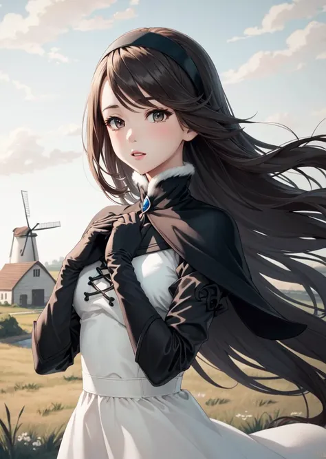 masterpiece, best quality, agnes oblige, hairband, white dress, fur trim, capelet, elbow gloves, upper body, own hands together, village, windmill <lora:agnes-nvwls-v1-000010:0.9>