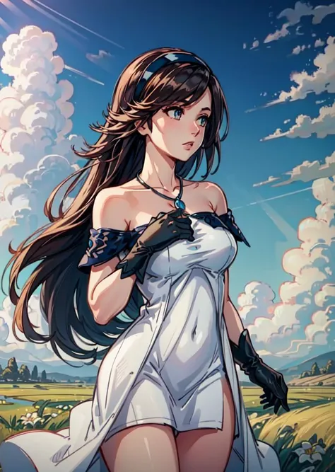 masterpiece, ultra high quality cg, best quality, agnes oblige, hairband, necklace, off-shoulder dress, elbow gloves, side view, hands to heart, blue sky, field <lora:agnes-nvwls-v1-000010:0.9>
