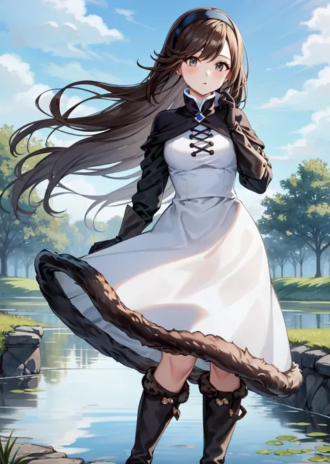 masterpiece, best quality, agnes oblige, hairband, white dress, fur trim, capelet, elbow gloves, boots, standing, pond, blue sky<lora:agnes-nvwls-v1-000010:0.9>