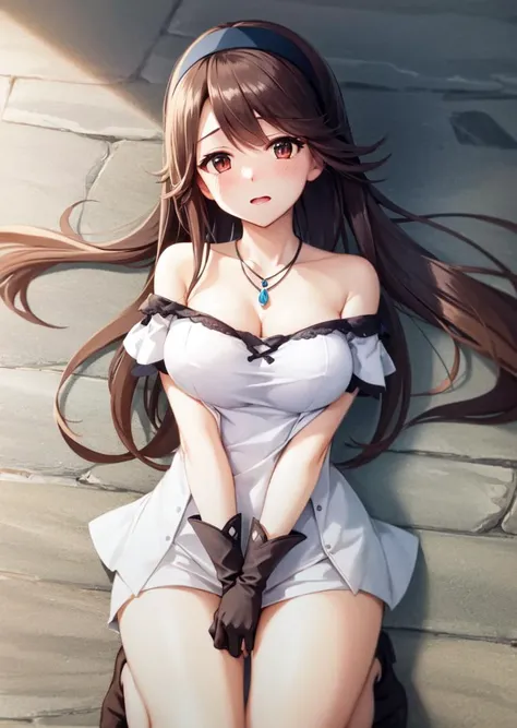 masterpiece, ultra high quality cg, best quality, agnes oblige, hairband, necklace, off-shoulder dress, elbow gloves, upper body, kneeling, embarrassed, blushing, covering breasts with arm, stone floor, looking at viewer <lora:agnes-nvwls-v1-000010:0.9>