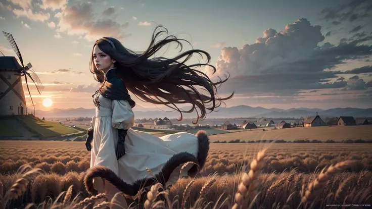 masterpiece, best quality, 8K, film grain, film screen shot, chromatic aberration, vignetting, bloom, photorealistic, wallpaper, Golden ratio, young girl, agnes oblige, beautiful face, detailed face, sun light, HDR, hairband, white dress, fur trim, capelet, elbow gloves, <lora:agnes-nvwls-v1-final:0.8>, village, windmill, wheat field, wide shot, full shot, (full body), side view