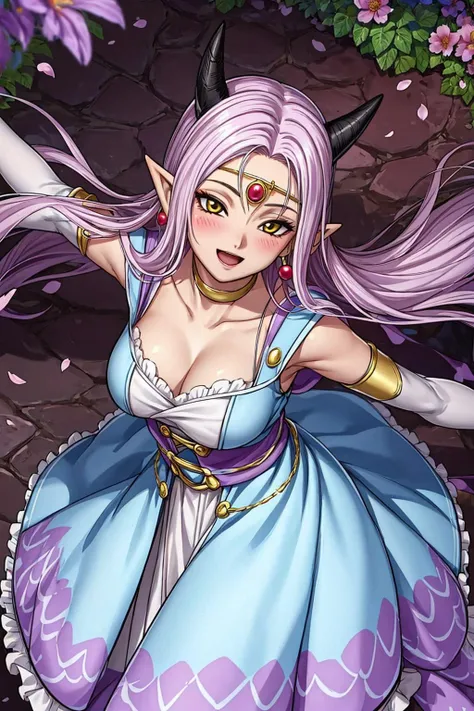 DQ10 estella, long hair, purple hair, yellow eyes, pointy ears, horns, circlet, earrings, choker, <lora:DQ10_estella_ep20_v3:0.6>, BREAK large breasts, BREAK (sweetlolita), <lora:ARWSweetLolita:0.8>, beautiful, masterpiece, 8K resolution, extremely detailed face, 1girl, Beautiful girl, adult girl, 20 years old, eye highlights, (from above), looking up, smile, open mouth, blush, BREAK (spread both arms:1.2), windy, wind lift, floating hair, BREAK anime background, outdoors, flower garden, colorful flowers, petals dancing, dancing flowers, <lora:flat2-dim1:-0.5>