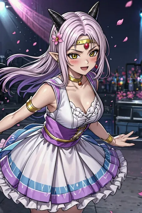 DQ10 estella, long hair, purple hair, yellow eyes, pointy ears, horns, circlet, earrings, choker, <lora:DQ10_estella_ep20_v3:0.6>, BREAK large breasts, BREAK idol dress, <lora:idol_dress-1.0:1>, beautiful, masterpiece, 8K resolution, extremely detailed face, 1girl, Beautiful girl, adult girl, 20 years old, eye highlights, looking at viewer, smile, open mouth, blush, BREAK (put your hand on your chest:1.2), (leaning forward:1.2), windy, wind lift, floating hair, BREAK anime background, outdoors, flower garden, colorful flowers, petals dancing, dancing flowers, <lora:flat2-dim1:-0.5>