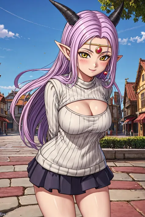 DQ10 estella, long hair, purple hair, yellow eyes, pointy ears, horns, circlet, earrings, choker, <lora:DQ10_estella_ep20_v3:0.6>, BREAK large breasts, BREAK (open chest sweater), <lora:open-chest-sweater:0.7>, cleavage cutout, white sweater, black boots, gray mini skirt, beautiful, masterpiece, 8K resolution, extremely detailed face, 1girl, Beautiful girl, adult girl, 20 years old, eye highlights, cowboy shot, looking at viewer, smile, blush, BREAK (leaning forward:1.2), (arms behind back:1.2), windy, wind lift, floating hair, BREAK anime background, outdoors, medieval, castle town, cobblestone floor, street trees, medieval townscape, <lora:flat2-dim1:-0.5>