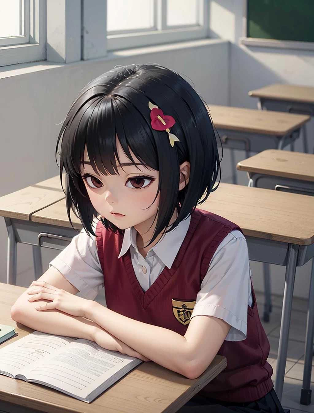 ldlvghot, a girl studying in the classroom,upper body, sleepy, short hair, hair ornament, black hair,<lora:ldlvghot_v1_w2:.9>, short hair, hair ornament, red sweater vest, short sleeves, white shirt, black skirt,