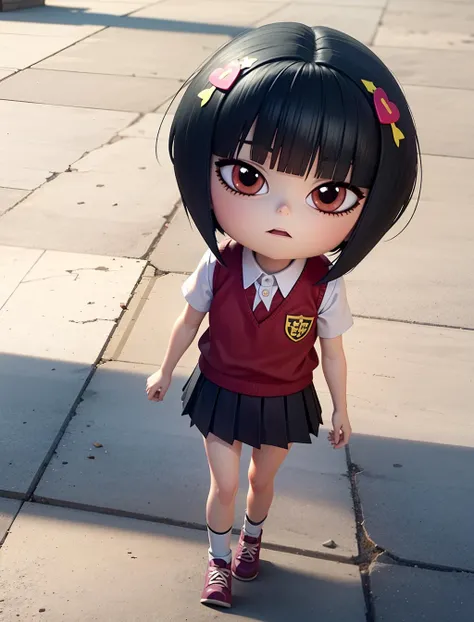 ldlvghot, a girl walking in a school, from above, ,chibi, short hair, hair ornament, black hair,<lora:ldlvghot_v1_w2:.9>, short hair, hair ornament, red sweater vest, socks, shoes, pleated skirt, short sleeves, white shirt, black skirt, striped socks, cgi, 3d