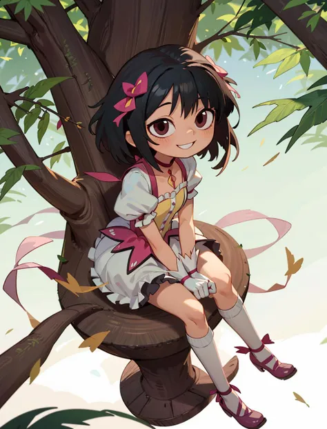 ldlvghot, from above, full body, a girl sitting on the top of a tree, light smile, short hair, hair ornament, black hair,<lora:ldlvghot_v1_w2:.9>, <lora:MadokaCostumePackV1_2:.8> madoka outfit,
