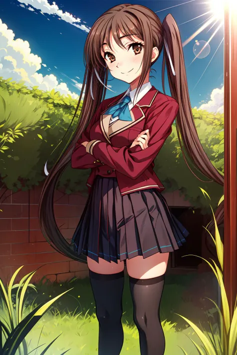 masterpiece,best quality,1girl,Houjouin Seika,thighhighs,long hair,brown hair,twintails,very long hair,brown eyes,school uniform,smile,standing,crossed arms,schoolyard,grass,sunlight,<lora:Houjouin Seika_20230719002624:0.8>,