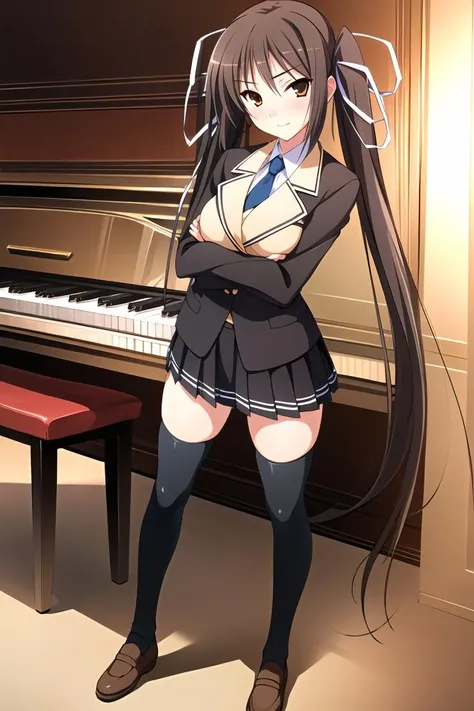 ((masterpiece)),((best quality)),ultra-detailed,illustratio,1girl, solo, twintails, long hair, thighhighs, school uniform, skirt, brown eyes, hair ribbon, brown hair, ribbon, crossed arms, necktie, black thighhighs, very long hair, piano, instrument, pleated skirt, blazer, black hair, jacket, looking at viewer, blush, long sleeves,Beautiful body,Beautiful Nose,Beautiful character design,perfect eyes,perfect face,alluring,wallpaper,perfect lighting,Colorful,ultra highres,4K,photography,(Beautiful, normal breasts:1.2),(beautiful face:1.2),(narrow waist),(full body:1.3),shiny skin,anime screencap,nsfw, <lora:Houjouin Seika:0.7>