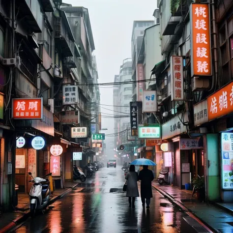 English text ,For a realistic yet eerily atmospheric image of a wet, cold Taiwanese street scene in winter with a ghostly, otherworldly ambiance, consider this prompt: 'Capture a Taiwanese street on a cold, damp winter day in a realistic style, infused with a subtle, eerie ghost realm atmosphere. The streets are slick with rain, reflecting dim streetlights and neon signs in a blur of colors. Mist clings to the air, adding a chilling, spectral quality. Shadows seem to shift, suggesting fleeting glimpses of ethereal figures. Buildings and alleys appear older, more mysterious, as if holding ancient secrets. The overall mood is one of haunting beauty, where the ordinary meets the supernatural, inviting a sense of intrigue and unease,<lora:taiwanStreet:0.8>