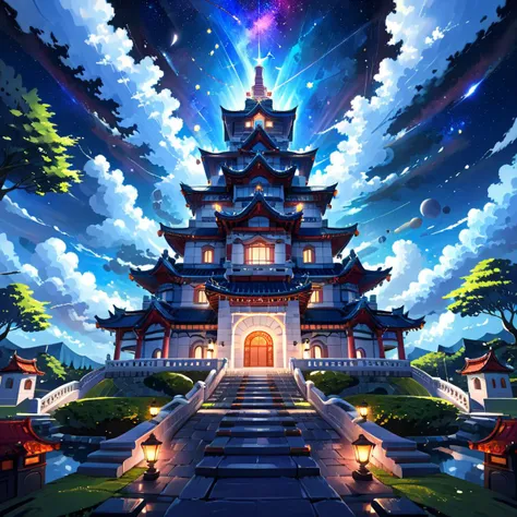 Wallpaper Fusion, bridge, building, chimney, cloud, fantasy, house, night, night sky, no humans, outdoors, scenery, sky, stairs, star , (sky), starry sky, tower, tree, cinematic angle, foreshortening, masterpiece, best quality, <lora:WallpaperFusionXL:0.65> <lora:taiwanStreet:0.8>