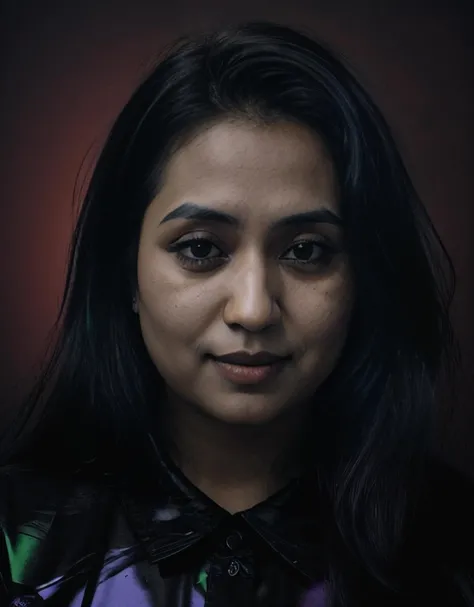 photo of reedhi, a Bangladeshi mature plump woman posing for photo in black shirt, double chin, (<lora:reedhi the busty bhabhi:1> reedhi busty, long hair, multicolored hair, ), shiny skin, (in front of black background:1.3), shoot on Kodak Vision3 IMAX, style by Walker Evans, dark theme <lora:LowRA:0.7>