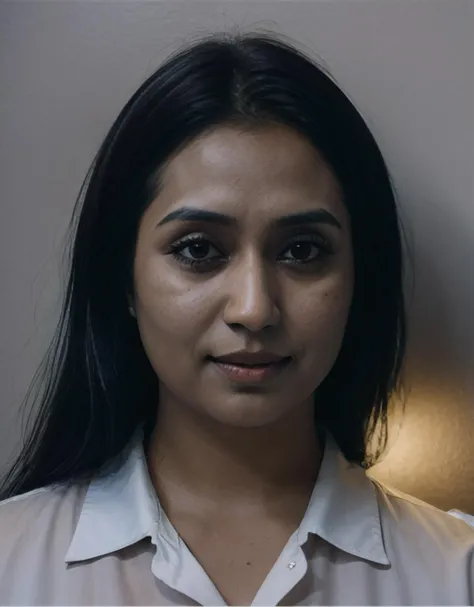 photo of reedhi, a Bangladeshi mature plump woman posing for photo in white shirt, double chin, (<lora:reedhi the busty bhabhi:1> reedhi busty, long hair, ), shiny skin, in front of black wall, shoot on Kodak Vision3 IMAX, style by Walker Evans, dark theme <lora:LowRA:0.7>