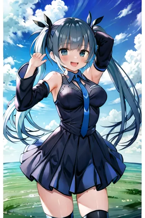 best quality, masterpiece, ultra high res, 1girl, hatsune miku, very long hair, green hair, arms up, armpits, green necktie, grey shirt, black sleeves, detached sleeves, black skirt, black thighhighs, smile, open mouth, sky <lora:gaou:0.7>