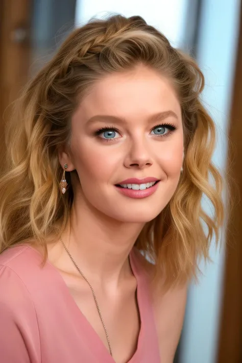RAW photo of skinny (burcu_biricik) with (curly long ((halo braid)) style hair) with (messy finely processed sparse eyebrows) with detailed eyes with eye shadow, ((blonde)), big smile, showing teeth, (ruby earrings, diamond necklace), shimmer blush, (freckles:0.7), ((satin blouse sweater with round collar, bare shoulders)), she looking up viewer, (Foundation - Lighter Shade, Concealer - Lighter Shade, Highlighter, Brightening Primer, Illuminating Powder, Color Corrector - Peach or Pink Tones), determined expression, shiny glossy skin, subsurface scattering,  (sharp:0.7),  amazing fine detail, Nikon D850 film stock photograph Kodak Portra 400 camera f1.6 lens, rich colors, lifelike texture, beautiful, masterpiece, best quality, extremely detailed, beautiful, solo, macro, <lora:burcu_biricik:1>, from below