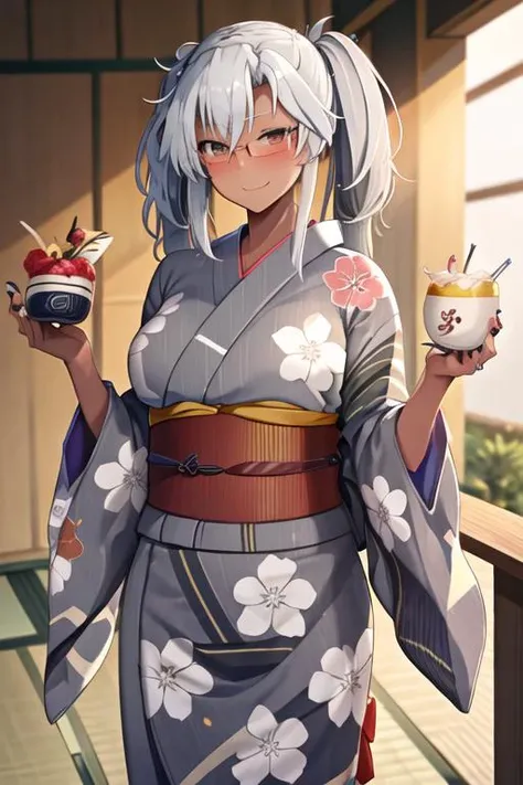 best quality, masterpiece, highres, solo, {yukata:1.40}, {kimono:1.20}, {musashi_kantaicollection:1.15}, dark-skinned_female, dark_skin, glasses, long_hair, hair_between_eyes, breasts, large_breasts, white_hair, twintails, brown_eyes, smile, red_eyes, blush, semi-rimless_eyewear, black_nails, grey_hair