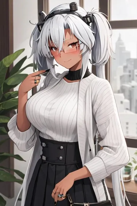 best quality, masterpiece, highres, solo, {musashi_kantaicollection:1.15}, dark-skinned_female, dark_skin, glasses, long_hair, hair_between_eyes, breasts, large_breasts, white_hair, twintails, brown_eyes, smile, red_eyes, blush, semi-rimless_eyewear, black_nails, grey_hair, 1girl, dated, forehead, grey-framed_eyewear, headgear, looking_at_viewer, rectangular_eyewear, sakuramon, millipen_\(medium\), traditional_media, gorget, ring, under-rim_eyewear, grey_nails, jewelry, upper_body