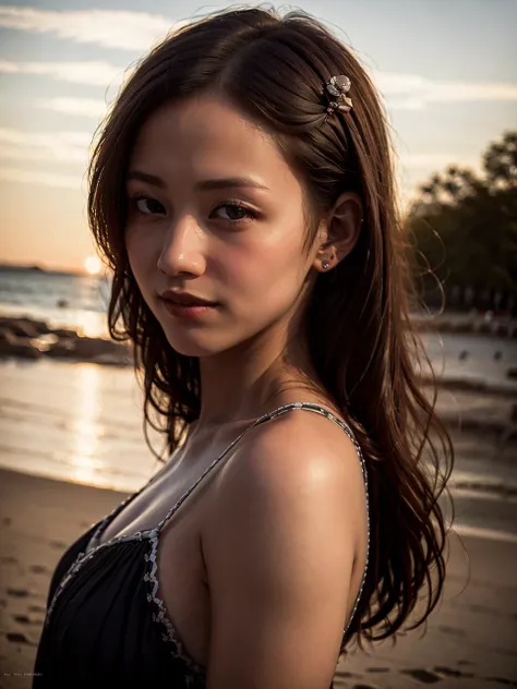 (best quality, masterpiece:1.2),ultra detailed,(photo realistic:1.4),ultimate_beautiful_girl, <lora:UltimateBeautifulGirl_v2:0.6>,sunset_scenery_background,<lora:SunsetScenery_v1:0.6>,(night beach:1.1),lite smile,