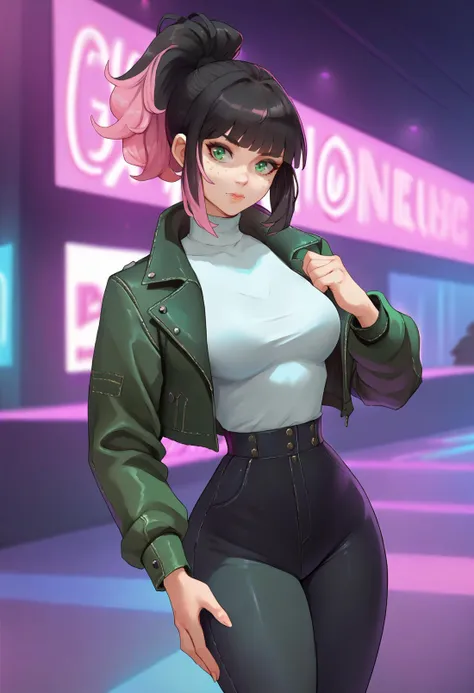 score_9, score_8_up, score_7_up BREAK solo, 1girl, cowboy shot, nightclub, neon lights, bokeh, depth of field, black hair, pink dyed hair, ponytail, bangs, green eyes, freckles, makeup, leather jacket, turtleneck, high waist pants <lora:araneesama_pd:1>